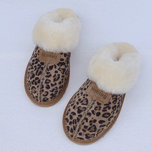 Noblag Leopard Print Furry Sheepskin Wool Women’s Slippers